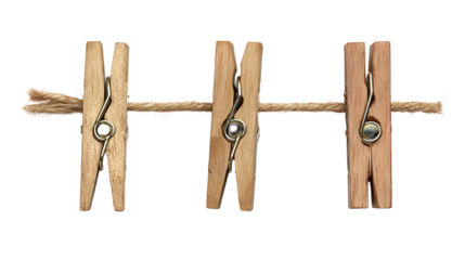 Wooden photo clip string set background isolated on a Transparent background, PNG file.