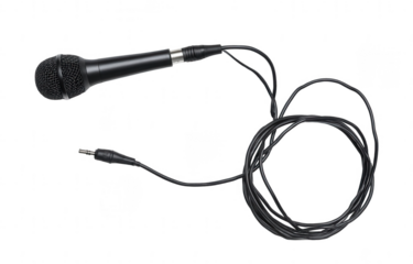 Black studio microphone with a long cable on a white background, png, transparent