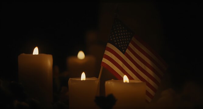 Remembering Patriot Day 9/11 A solemn tribute with candles and the American flag