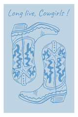Coastal cowgirl vector illustration, line art featuring stylish cowboy boots adorned with nautical star designs, combining western charm with a nautical theme, perfect for coastal decor