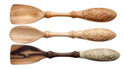 Wooden spatula set with carved handles background isolated on a Transparent background, PNG file.
