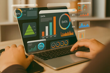 Modern Business Intelligence and Data Visualization Data Analytics Dashboard on Laptop Screen