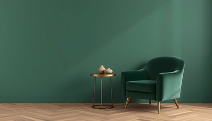 Emerald green velvet armchair with gold legs, small gold table, and decorative items against a green wall.