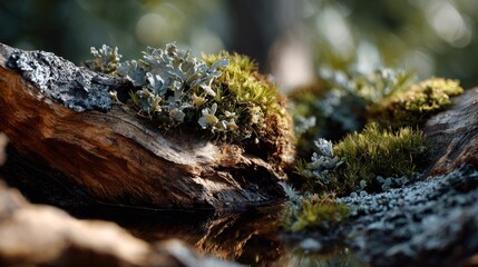 Obraz premium Close-up view of moss and lichen growing on a weathered log.