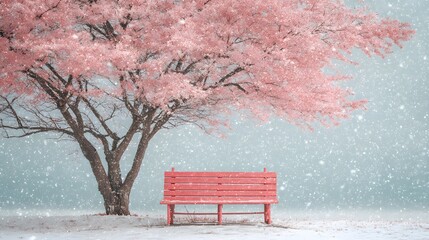 Charming winter scene with pink blossoms, snowflakes falling, and a red park bench offering a peaceful respite.