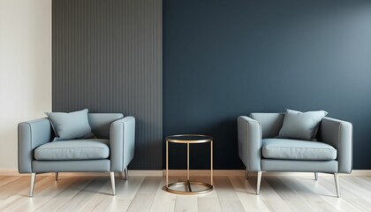 Two grey armchairs face each other with a small gold table between them, set against a multi-toned wall.