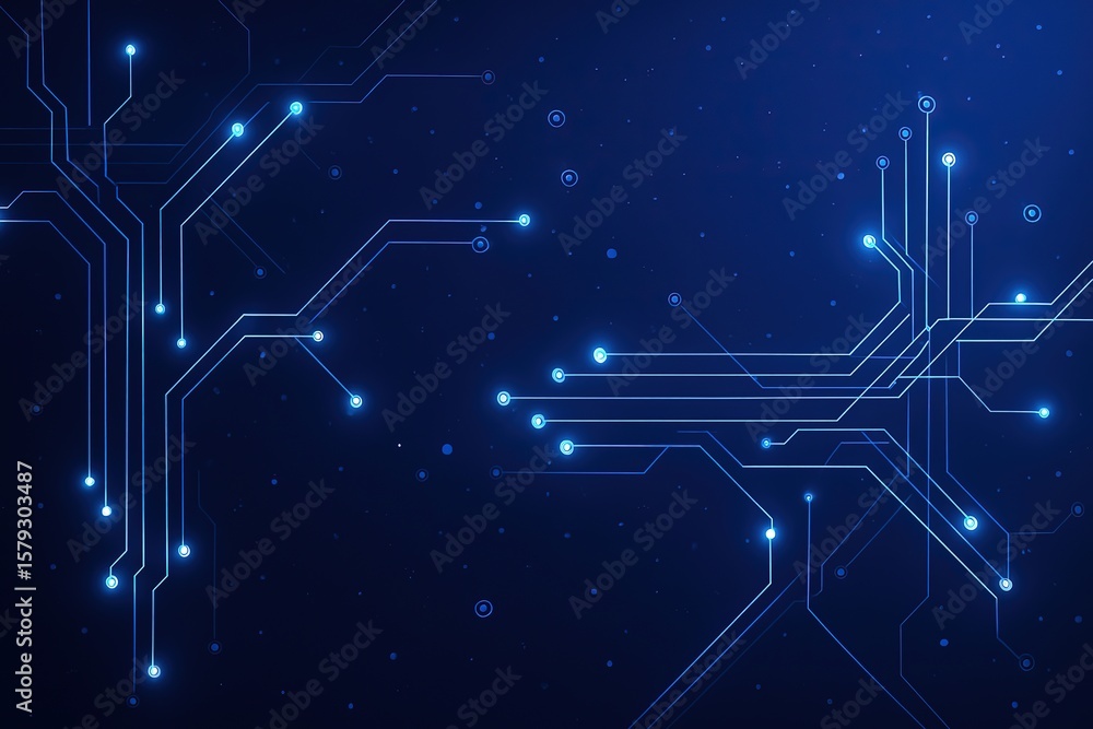 Poster abstract digital circuit board with glowing blue nodes against a dark starry background representing