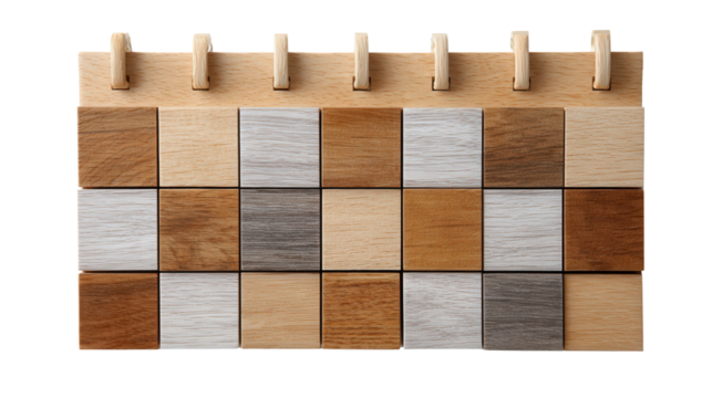 Wooden wall calendar with blocks background isolated on a Transparent background, PNG file.