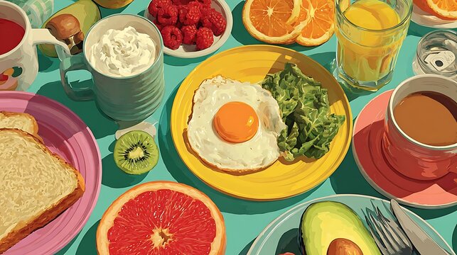 Healthy flat lay with modern cartoon food illustrations showing well balanced portion visuals