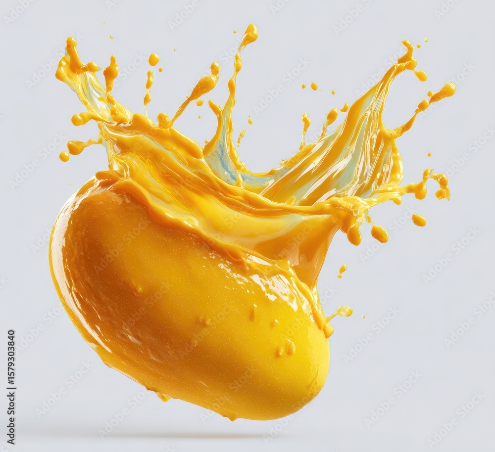 Poster a vibrant yellow mango, seemingly bursting with its own juice, creating a dynamic splash effect agai