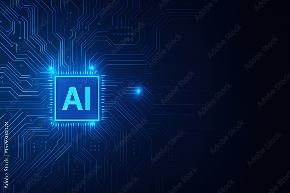 Poster glowing blue ai chip on a dark circuit board background symbolizing artificial intelligence and tech