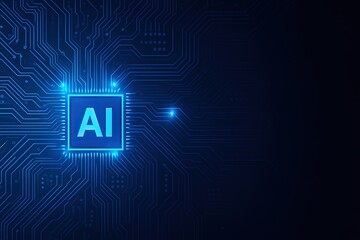 Glowing blue ai chip on a dark circuit board background symbolizing artificial intelligence and technology