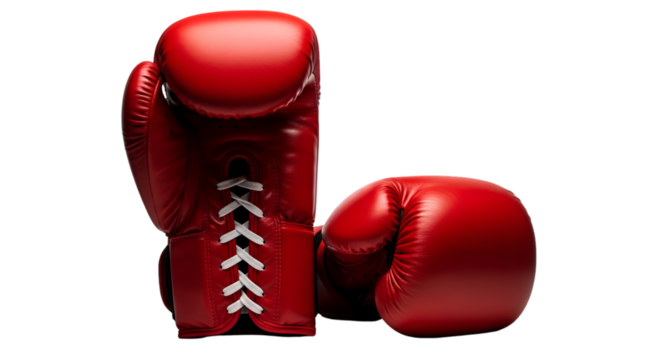 Boxing gloves red leather sparring training equipment punch sport fight knockout gym accessories 100 character isolated on transparent background