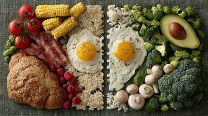 Health oriented vector icons of food arranged like puzzle pieces forming a balanced diet image