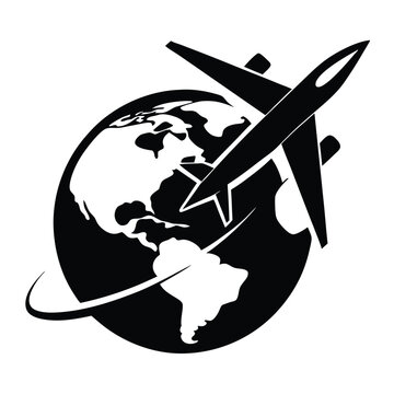A black vector icon of an airplane flying over a globe, symbolizing global travel.