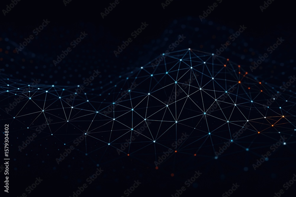 Poster abstract digital network of glowing blue and orange nodes connected by lines on a dark background