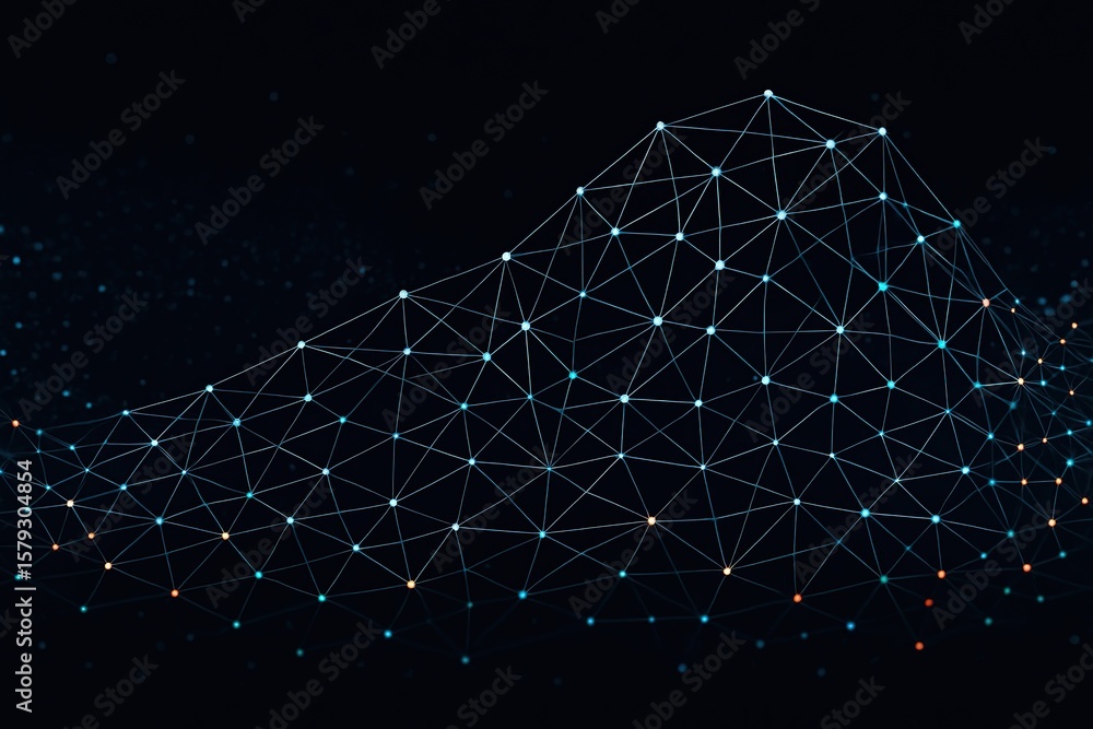 Poster abstract network of glowing blue and orange nodes connected by lines on a dark background