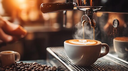 Steaming Espresso Pouring into Latte Cup with Heart Art and Coffee Beans