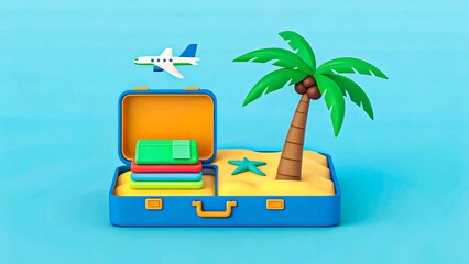 Obraz premium Airplane flying over island with palm trees and blue sky