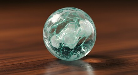 Abstract Sphere with Swirling Green Pattern and Bubbles on Wooden Surface