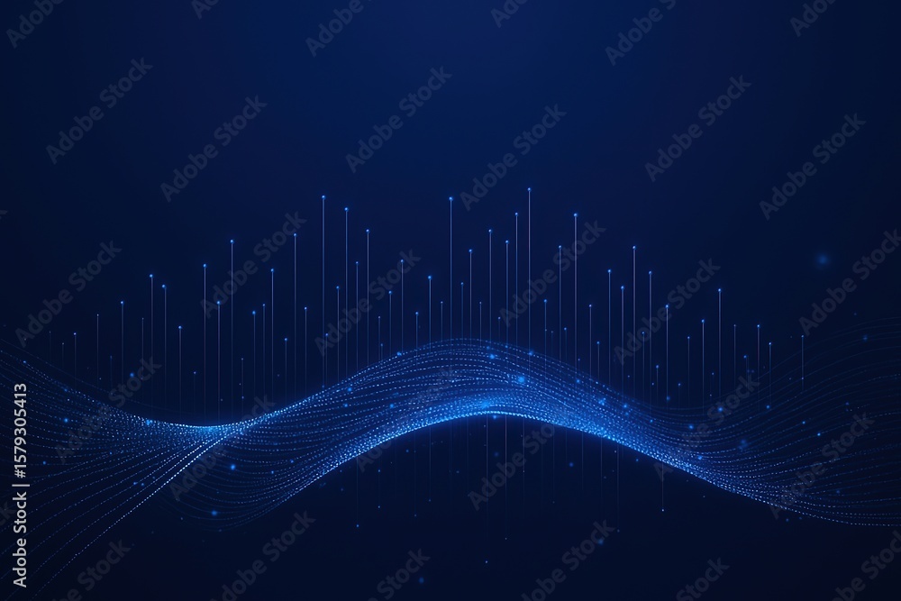 Poster abstract glowing blue digital wave and data points on a dark blue background representing technology