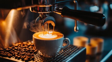 Steaming espresso pouring into latte art cup with roasted coffee beans
