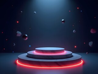 Empty red stage podium with spotlight and cosmic background design