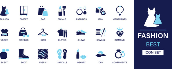Fashion icon set collection. Clothes, facials, earrings, iron, ornaments, vogue, side bag, hook, shows, sewing, diamond and best solid icon set.