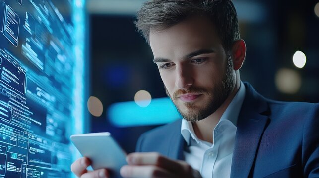Man reviewing data on his mobile phone while viewing digital code