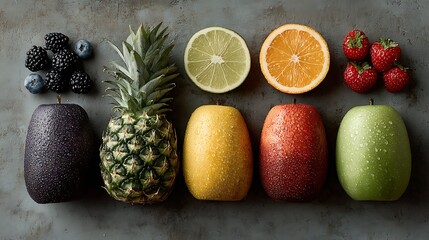Minimalist scene showing a balanced mix of produce placed symmetrically on a gray surface