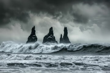 Dramatic seascape with rocky formations and turbulent waves during a stormy day in Iceland