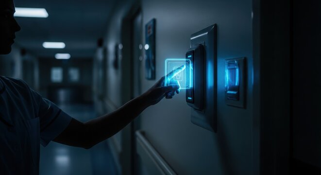 Nurse uses futuristic interface in hospital hallway