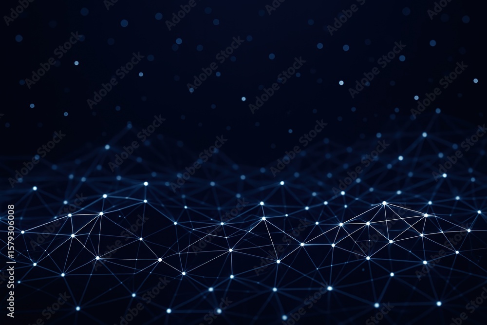 Poster abstract digital network of glowing white nodes and interconnected lines on a dark blue background