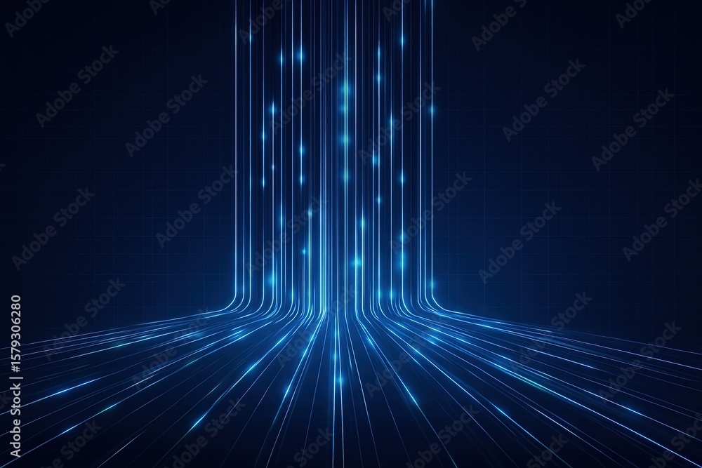 Poster abstract blue light streams converge and ascend against a dark grid background symbolizing data flow