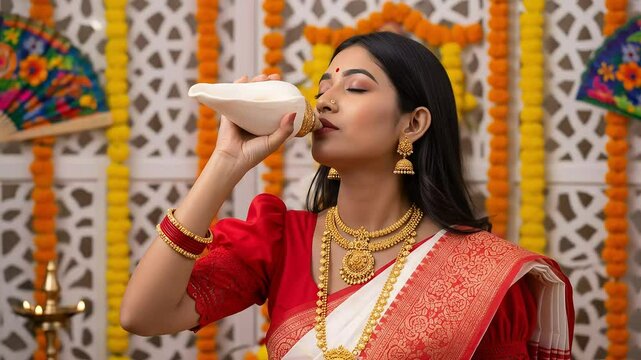 Young Woman in Traditional Attire Blowing Conch Shell in a Festive Setting with Ornate Decorations