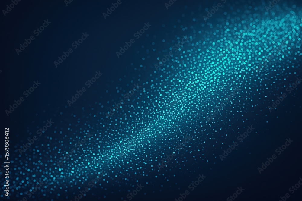 Poster abstract glowing blue particles flowing across a dark deep blue background in a diagonal stream of l