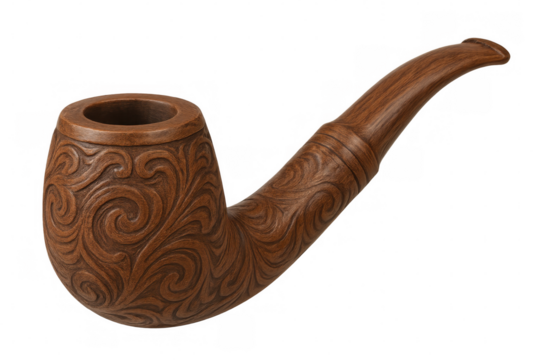 Classic wooden smoking pipe with intricate floral carvings, isolated on a transparent background, perfect for themed projects
