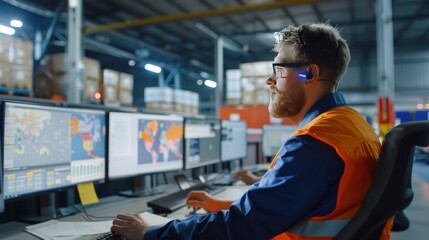 Man in logistics control room working with screens