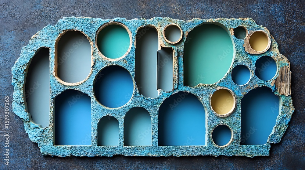 Poster abstract turquoise structure with circular and arched openings against dark backdrop, evocative of