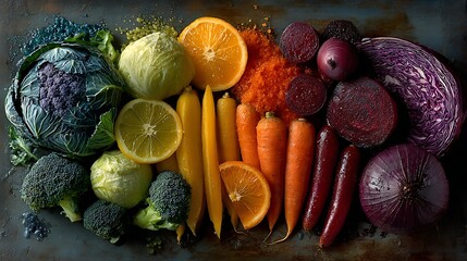 Balanced color wheel of fruit and vegetable segments forming a vibrant circle