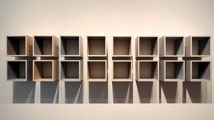Sequence of open-front boxes arranged in parallel with consistent spacing