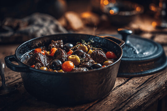 Rustic daube Proven&ccedil;ale beef stew in cozy farmhouse 
