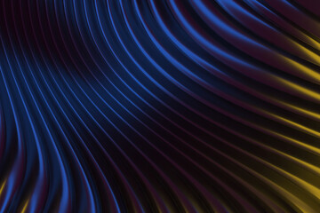 Abstract waves of blue and gold curves in elegant motion for creative design. 3d render