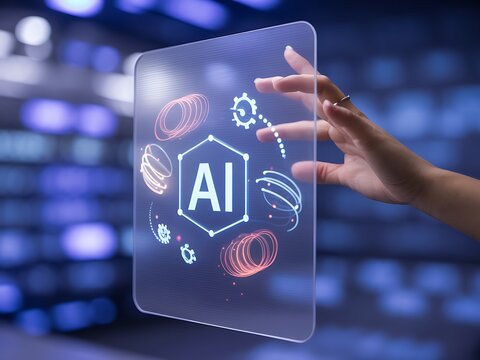 Human hand interacting with futuristic artificial intelligence interface displaying glowing digital graphics and data