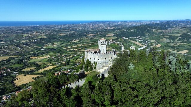 Republic of San Marino, San Marino - July 9, 2025: Aerial view of San Marino also known as the Most Serene Republic of San Marino an enclaved microstate surrounded by Italy