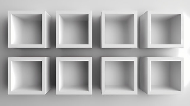 Sequence of open-front boxes arranged in parallel with consistent spacing