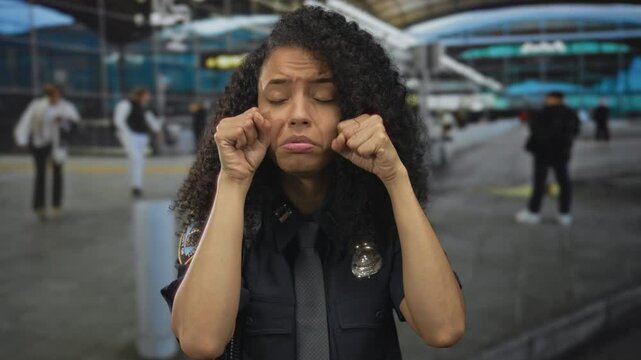 Woman police officer in blue uniform presses fists to cheeks in crying gesture at airport terminal; sadness.