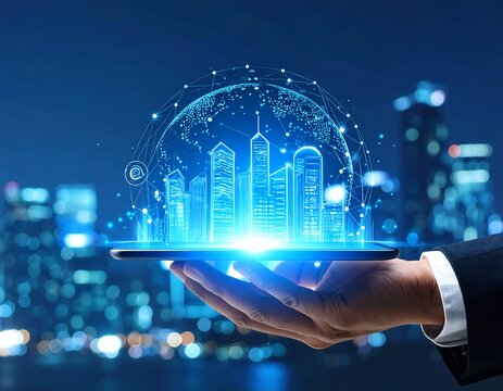 Hand holding tablet with digital city