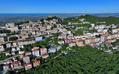 Fototapeta premium Aerial view of San Marino also known as the Most Serene Republic of San Marino an enclaved microstate surrounded by Italy