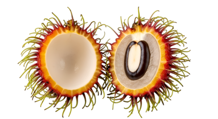 Two Halves of Rambutan Fruit Displaying Seeds and Fleshy Interior on Transparent Background